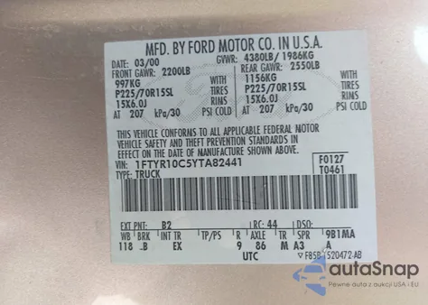 2000 Ford Ranger Xl/Xlt z USA, uszkodzony, nr VIN 1FTYR10C5YTA82441